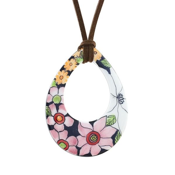 Alternate image for Ceramic Floral Pendant Necklace on a Faux Suede Cord Bursting Blooms