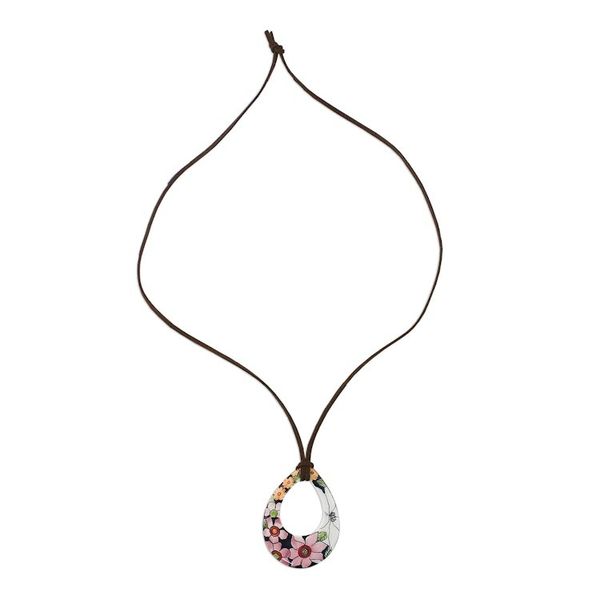 Alternate image for Ceramic Floral Pendant Necklace on a Faux Suede Cord Bursting Blooms