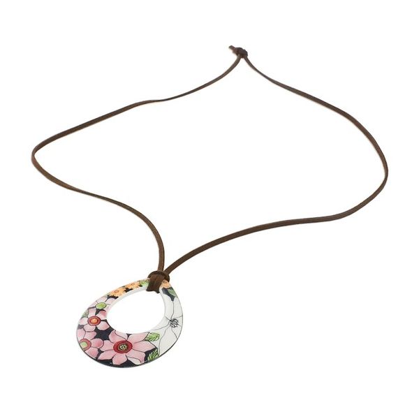 Alternate image for Ceramic Floral Pendant Necklace on a Faux Suede Cord Bursting Blooms