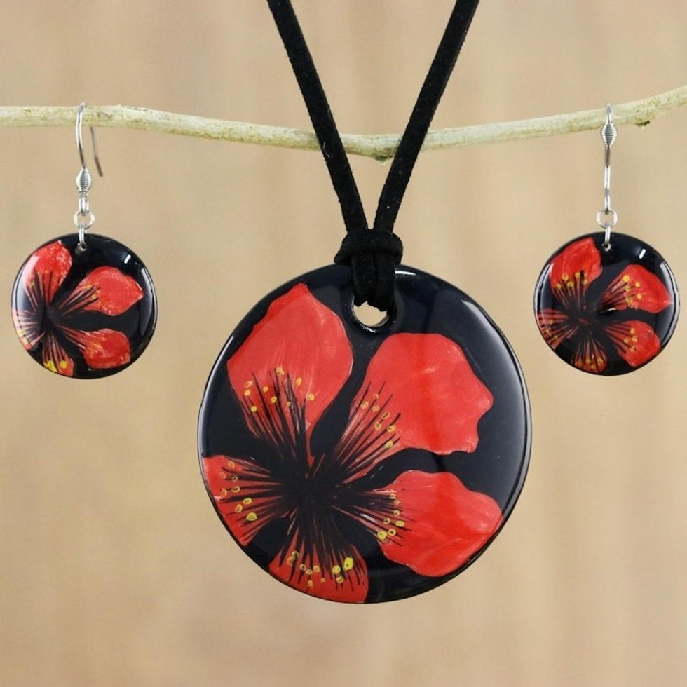 Handmade Red Floral Ceramic Necklace and Earring Set 'Floral Melody'