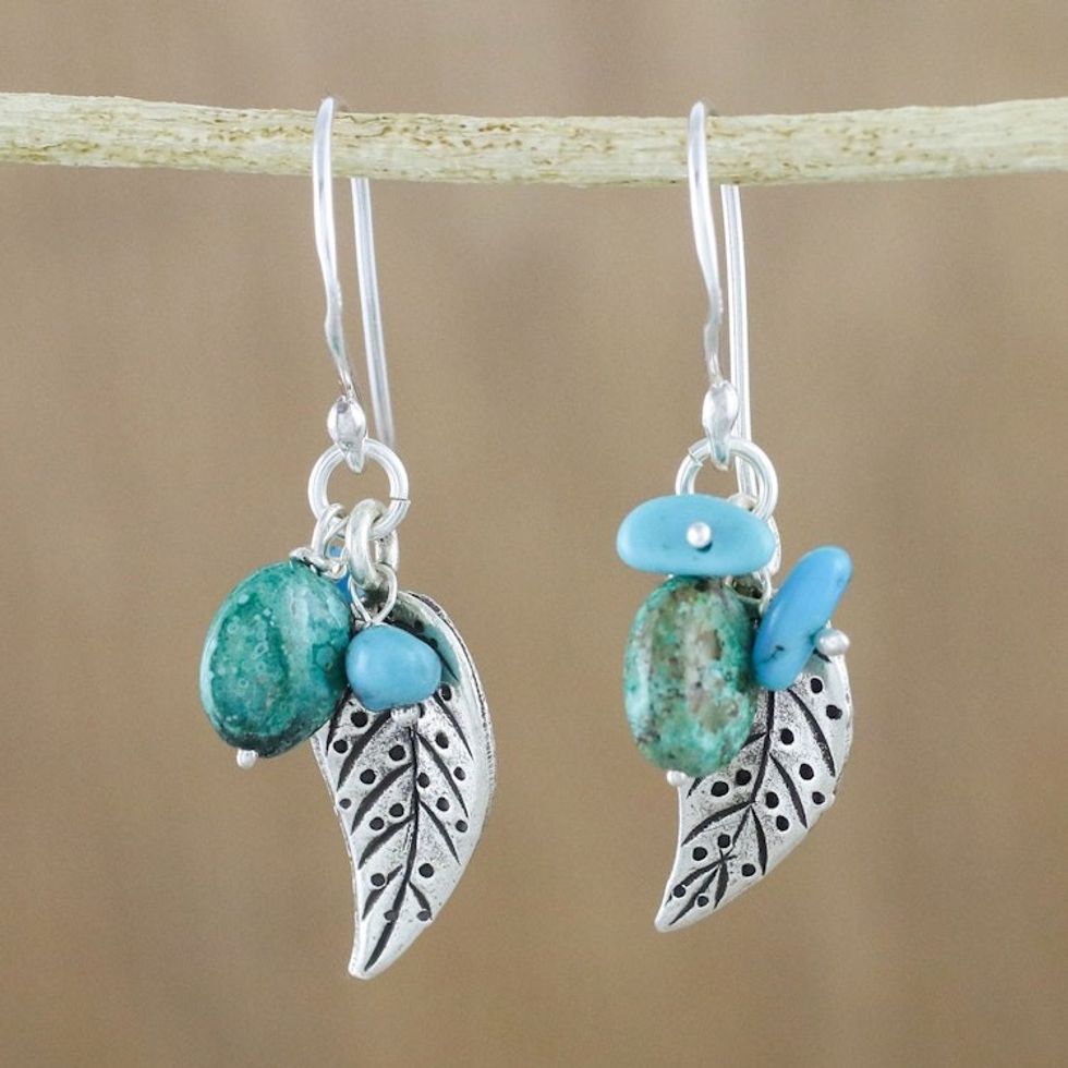 Silver and Recon Turquoise Leaf Earrings from Thailand 'Lively Leaves'