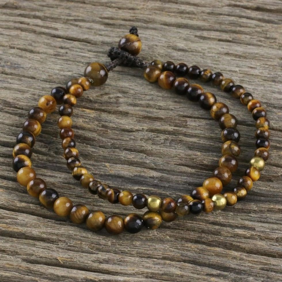 Adjustable Tiger's Eye Beaded Bracelet from Thailand 'Double Beauty'