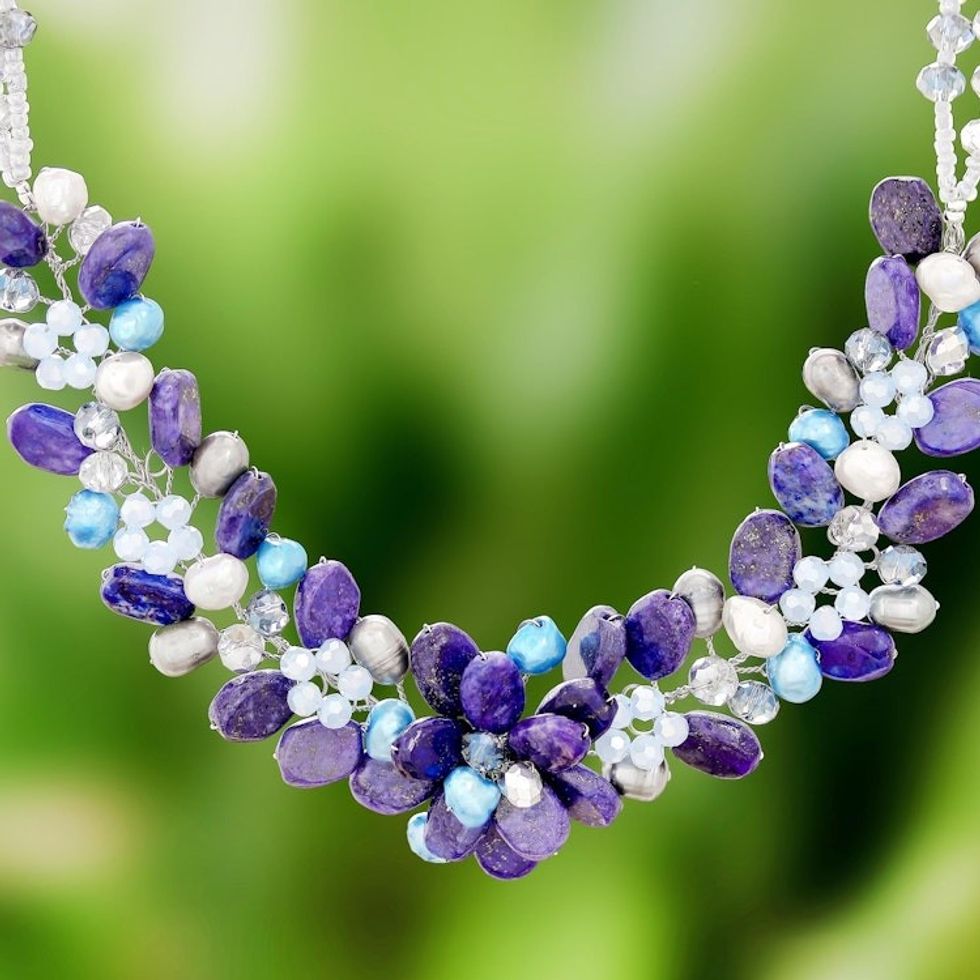 Lapis Lazuli and Cultured Pearl Necklace from Thailand 'Elegant Flora'