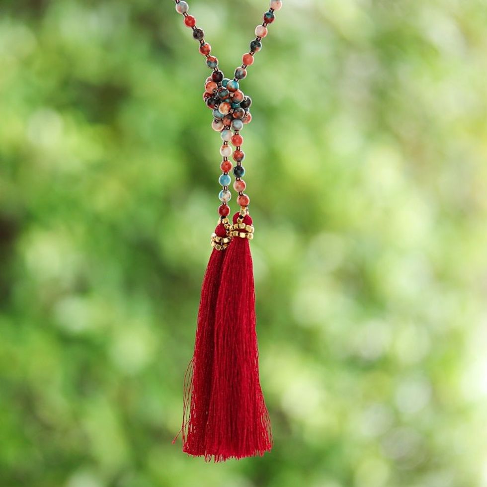 Multicolored Glass Beaded Lariat Necklace from Thailand 'Festive Holiday in Red'