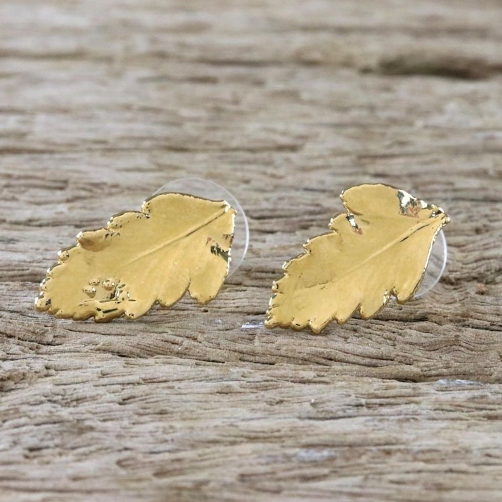 Gold Plated Natural Davallia Leaf Earrings from Thailand 'Shining Fern'