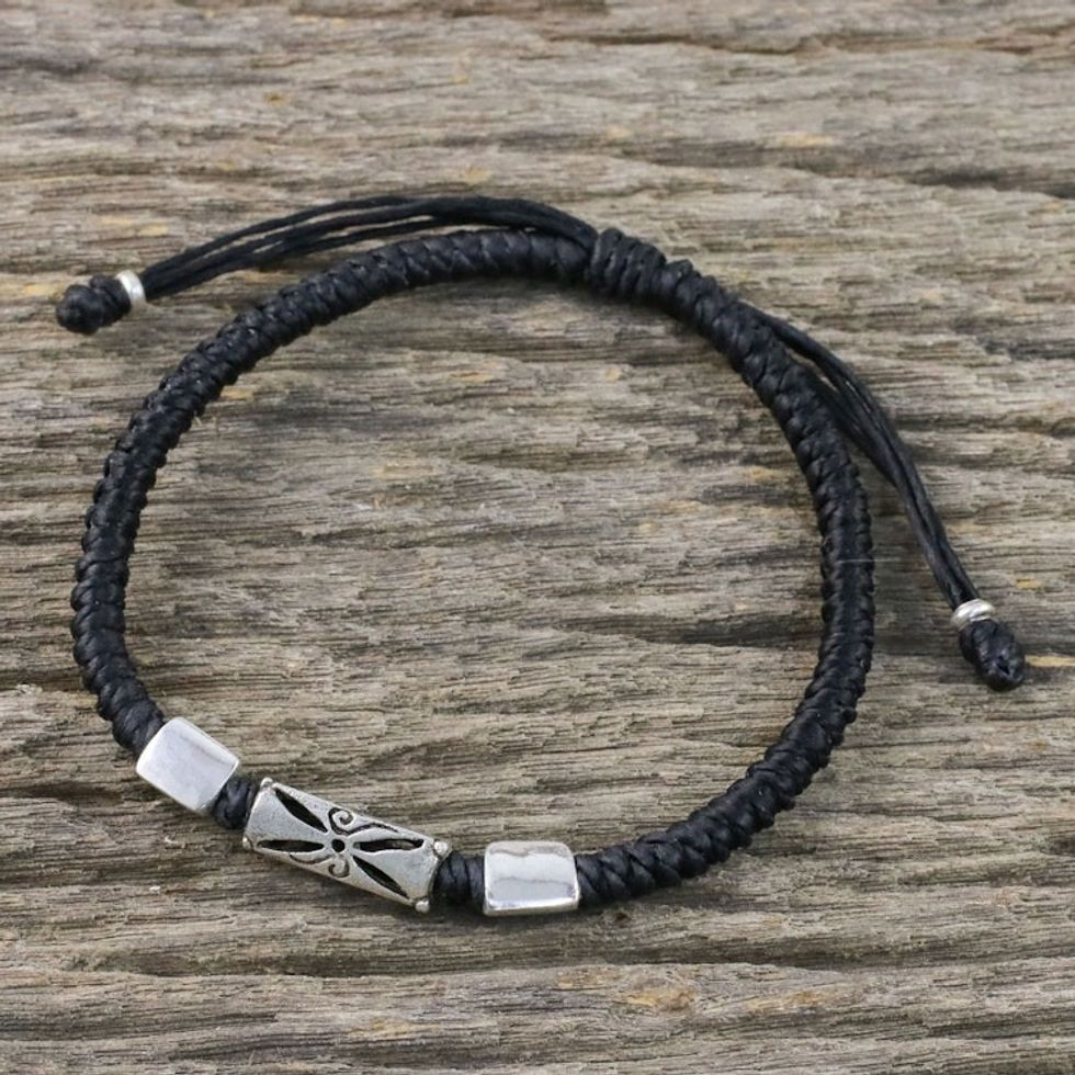 Silver 950 and Black Braided Cord Bracelet 'Karen Triangle in Black'
