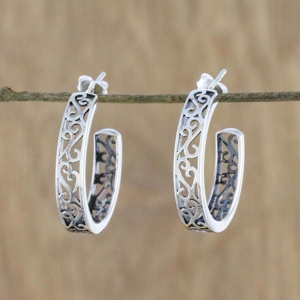 Elegant 925 Sterling Silver Half-Hoop Earrings from Thailand 'Spiral Balustrade'