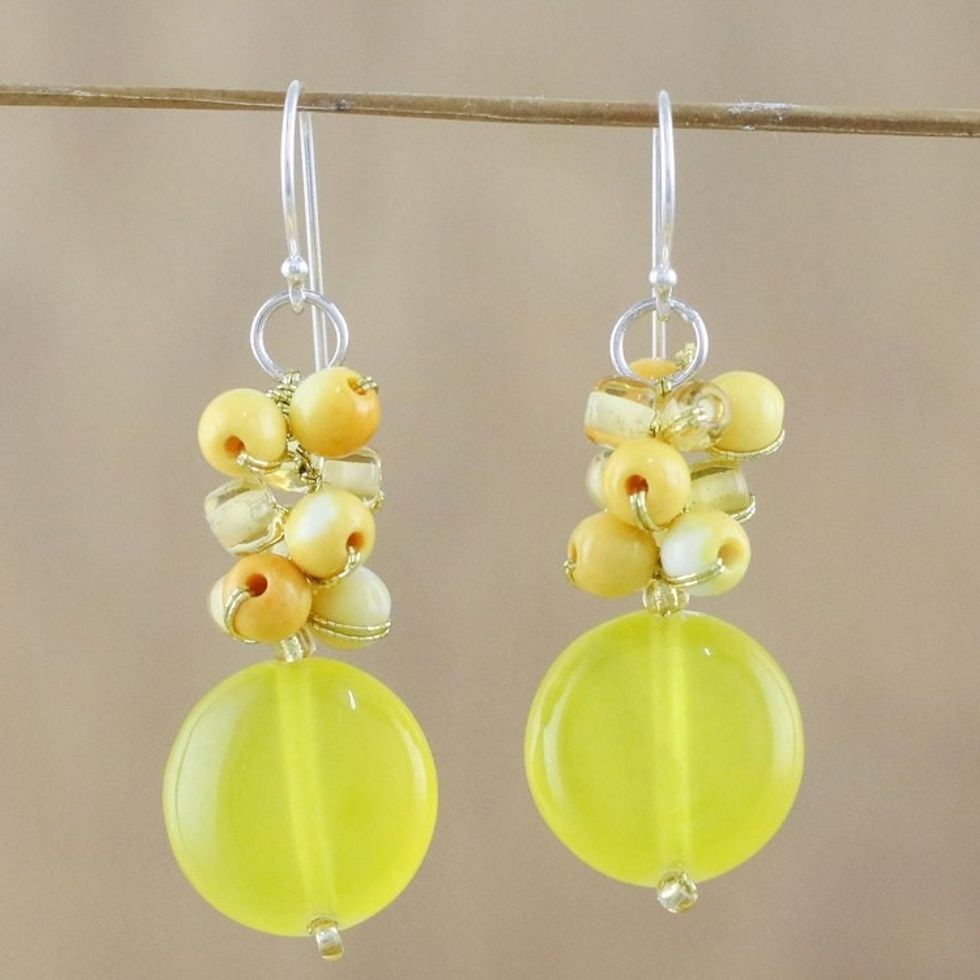 Quartz and Glass Bead Dangle Earrings from Thailand 'Fun Circles in Yellow'