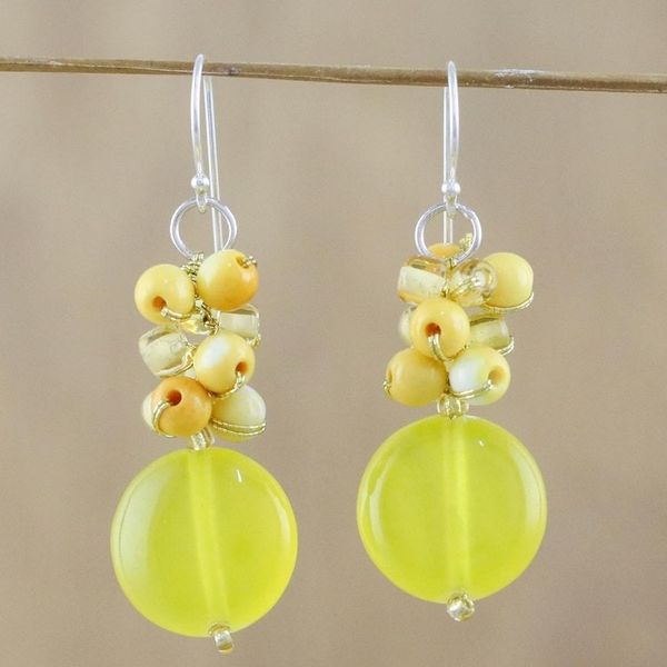 Alternate image for Quartz and Glass Bead Dangle Earrings from Thailand Fun Circles in Yellow