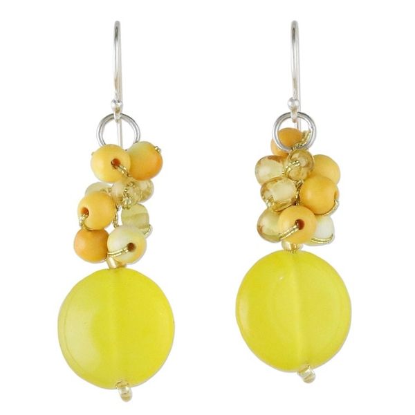 Alternate image for Quartz and Glass Bead Dangle Earrings from Thailand Fun Circles in Yellow