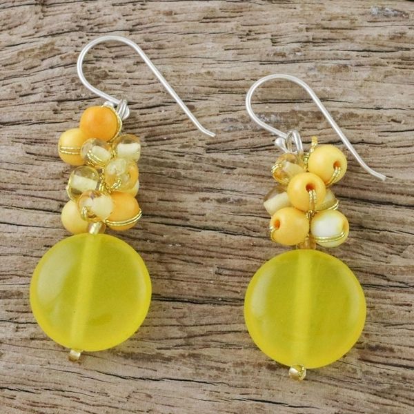 Alternate image for Quartz and Glass Bead Dangle Earrings from Thailand Fun Circles in Yellow