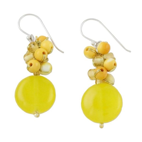 Alternate image for Quartz and Glass Bead Dangle Earrings from Thailand Fun Circles in Yellow