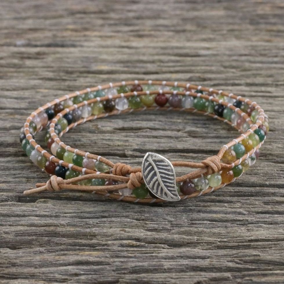 Multi-Colored Agate and Glass Beaded Leaf Wrap Bracelet 'Umber Dream'