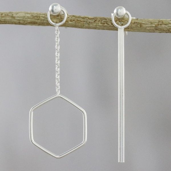Alternate image for Artisan Handmade 925 Sterling Silver Earrings Hexagon Chain Icy Holiday