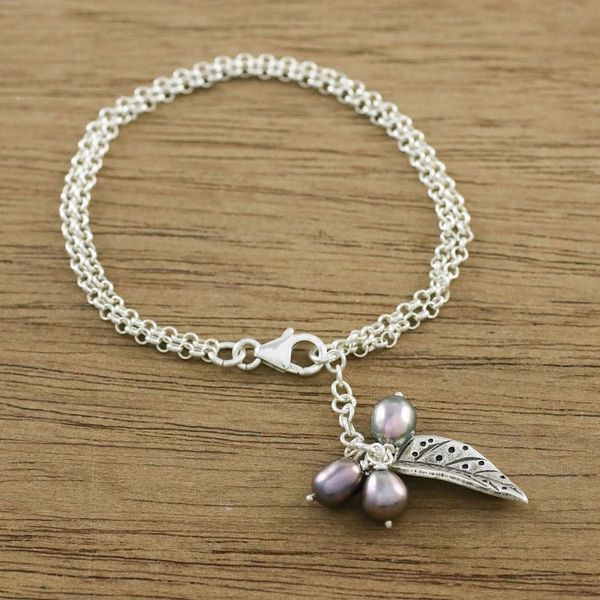 Alternate image for Cultured Pearl Leaf Bracelet in Grey from Thailand Lively Leaf in Grey