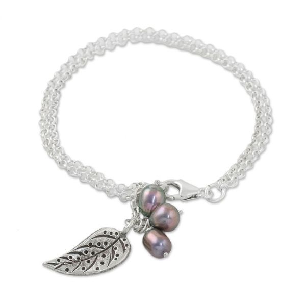Alternate image for Cultured Pearl Leaf Bracelet in Grey from Thailand Lively Leaf in Grey