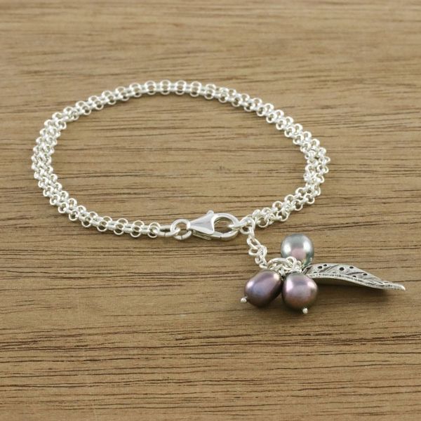 Alternate image for Cultured Pearl Leaf Bracelet in Grey from Thailand Lively Leaf in Grey