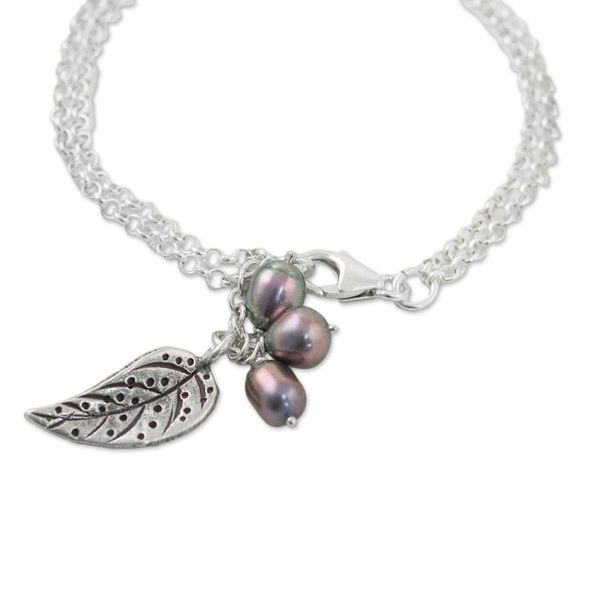 Alternate image for Cultured Pearl Leaf Bracelet in Grey from Thailand Lively Leaf in Grey