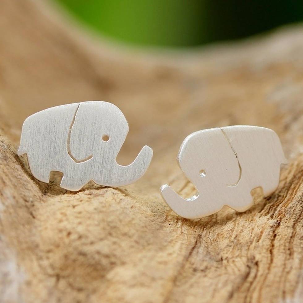 Sterling Silver Elephant Stud Earrings from Thailand 'Happy Little Elephants'