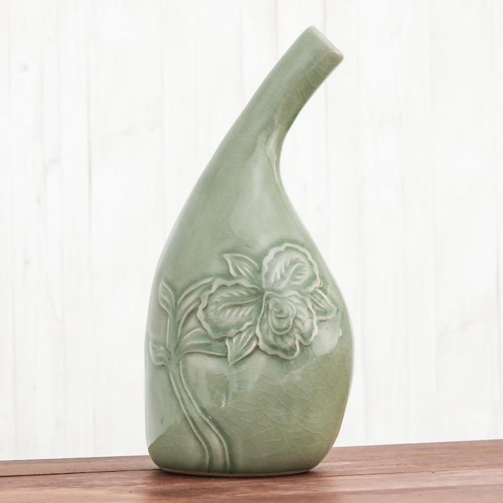 Hand Crafted Green Celadon Ceramic Floral Vase from Thailand 'Orchid Spirit'
