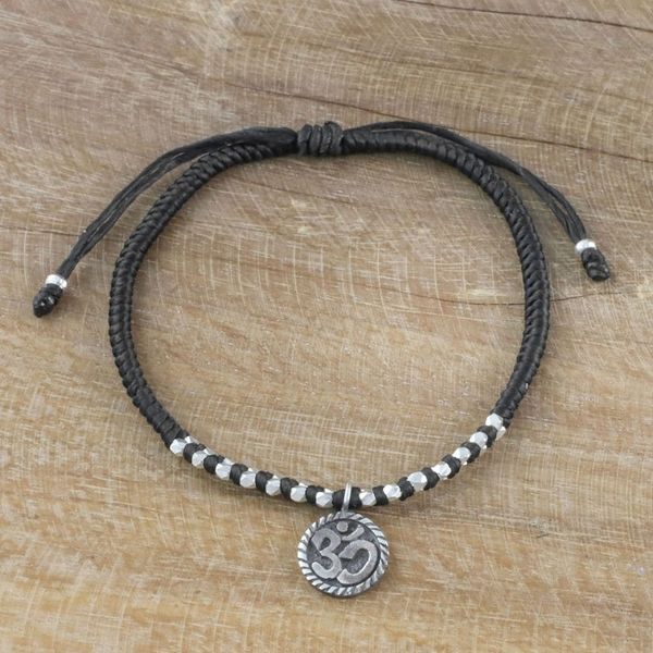 Alternate image for Black Cord Bracelet with 950 Silver Om Charm Ancient Om in Black