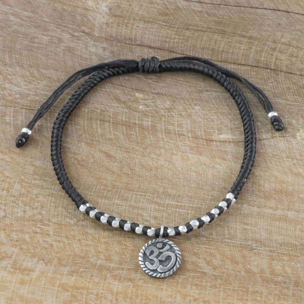 Black Cord Bracelet with 950 Silver Om Charm 'Ancient Om in Black'