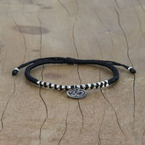 Alternate image for Black Cord Bracelet with 950 Silver Om Charm Ancient Om in Black