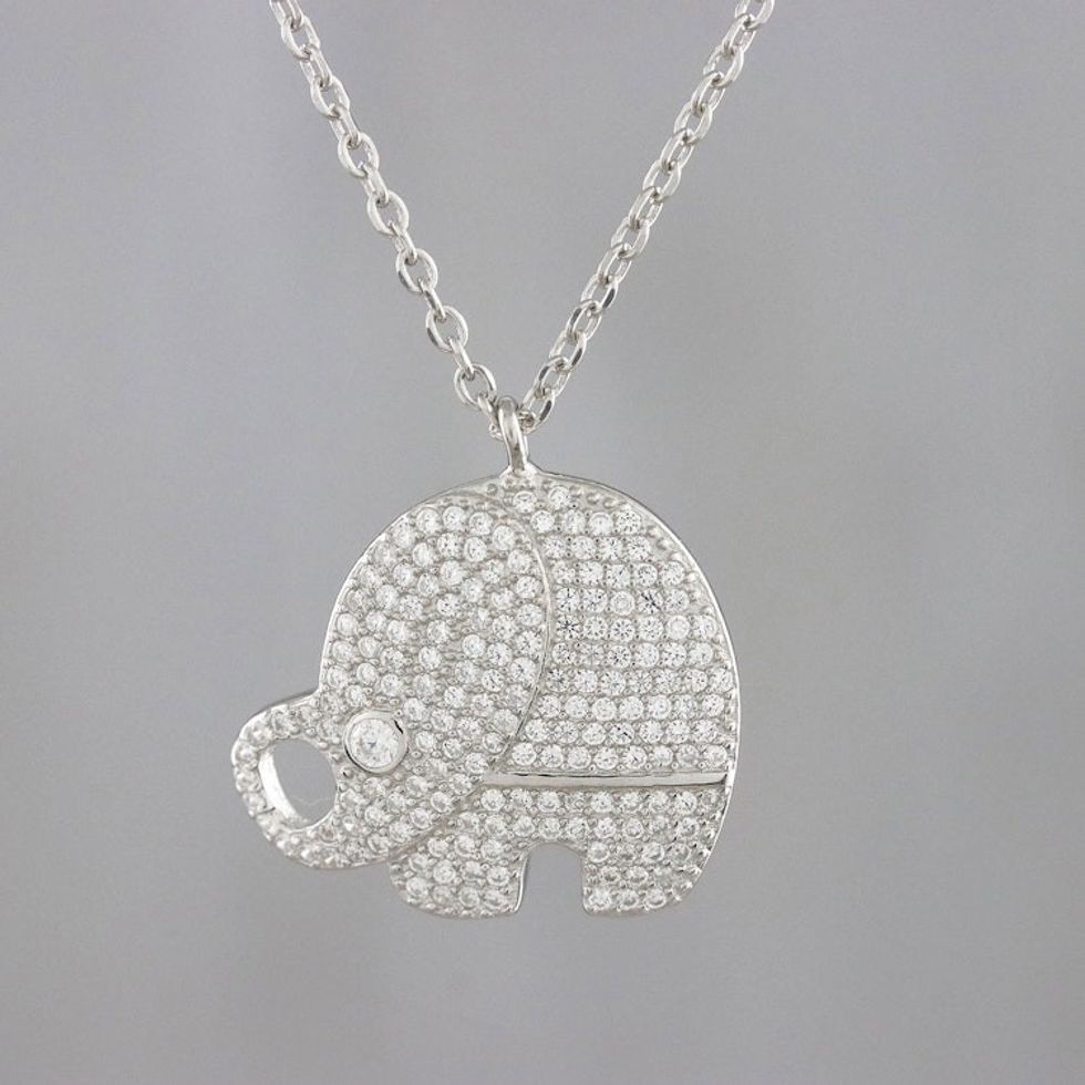 Cubic Zirconia 925 Sterling Silver Handmade Pendant Necklace 'Luxurious Elephant'