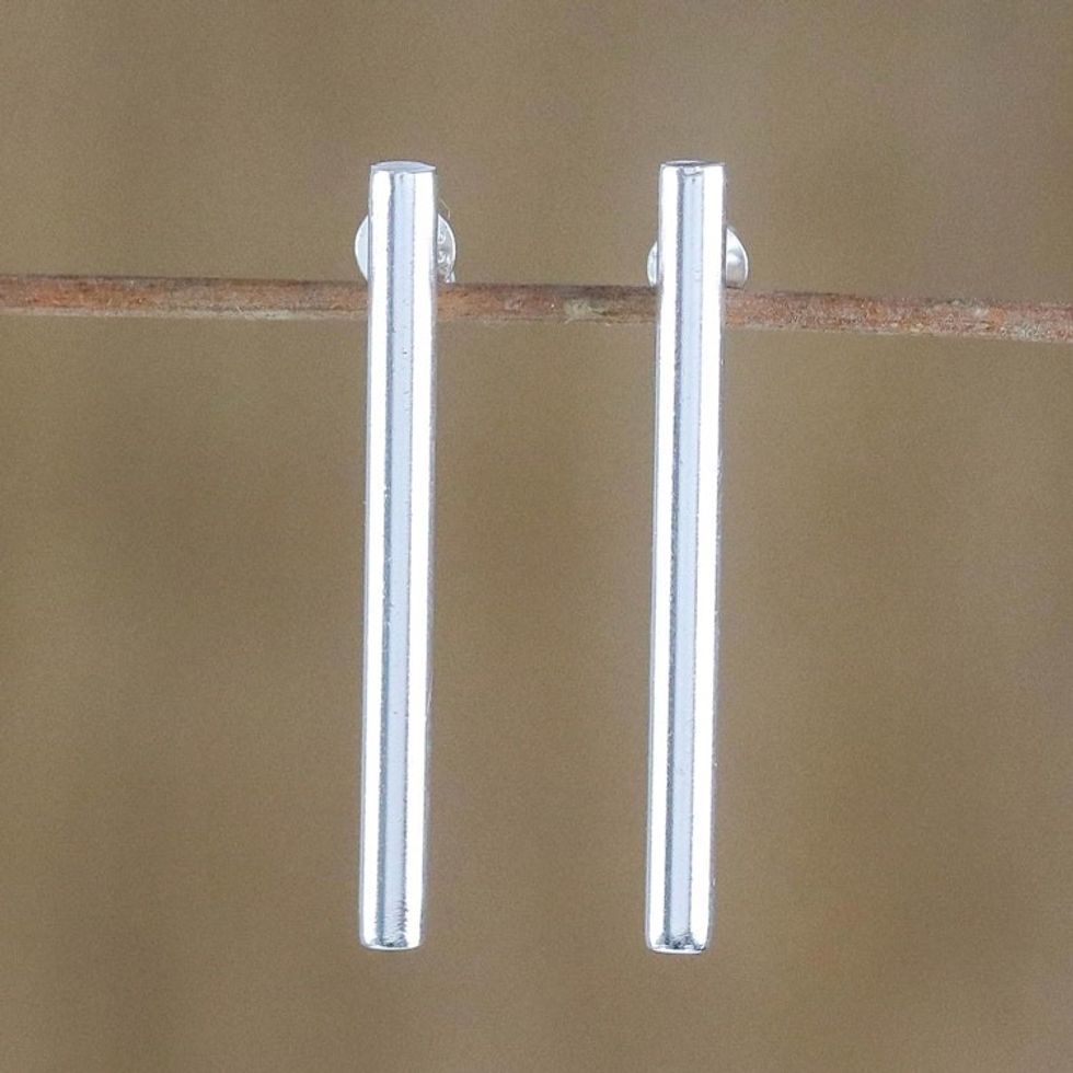 Sterling Silver Cylindrical Drop Earrings from Thailand 'Gleaming Pillars'