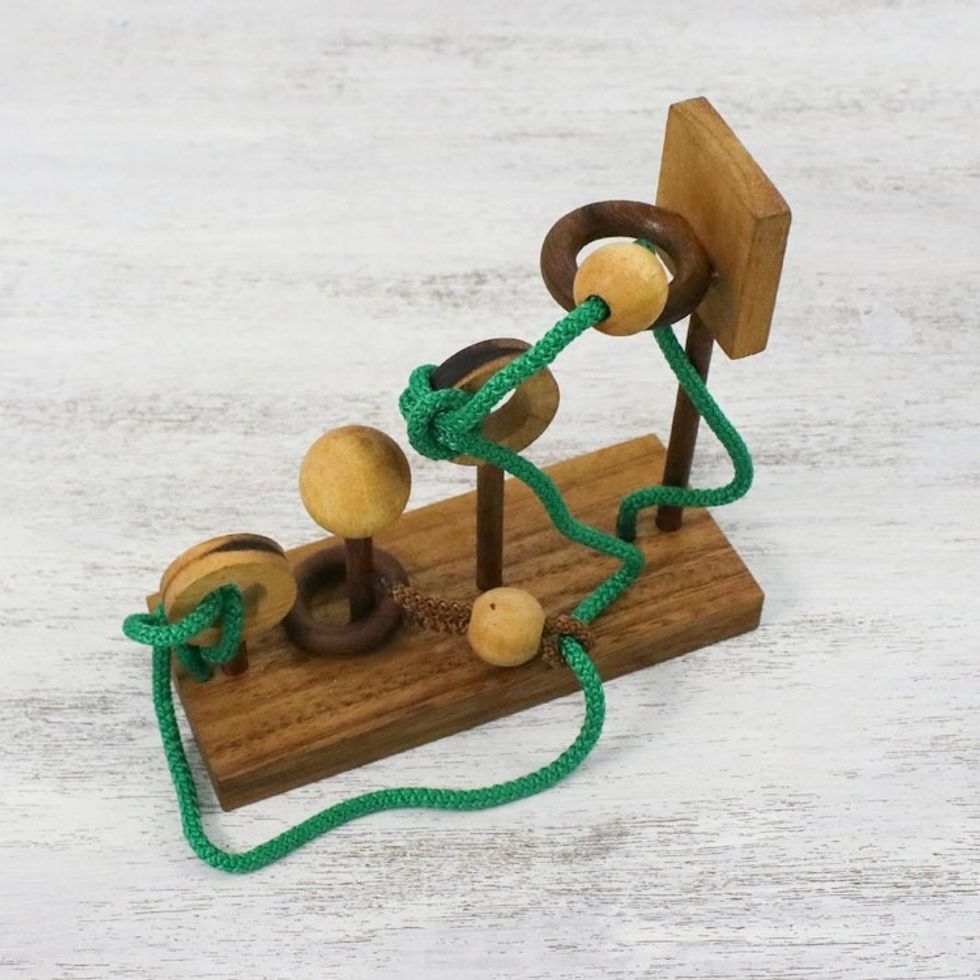 Handcrafted Wood Puzzle with Balls and Cord from Thailand 'Basketball'