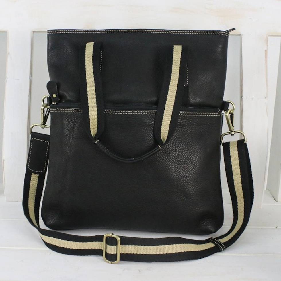 Black Leather Handbag with Removable Strap and Roomy Pockets 'Accomplished'