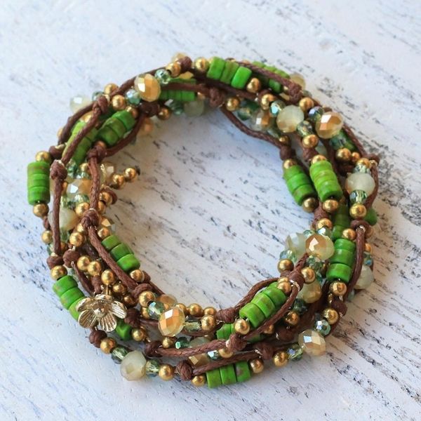 Alternate image for Green Calcite Beaded Wrap Bracelet from Thailand Forest Party