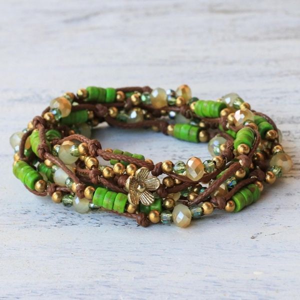 Alternate image for Green Calcite Beaded Wrap Bracelet from Thailand Forest Party