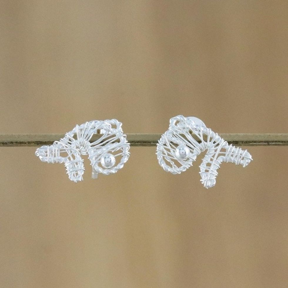 Thai Artisan Crafted Sterling Silver Whale Stud Earrings 'Whale Wrap'