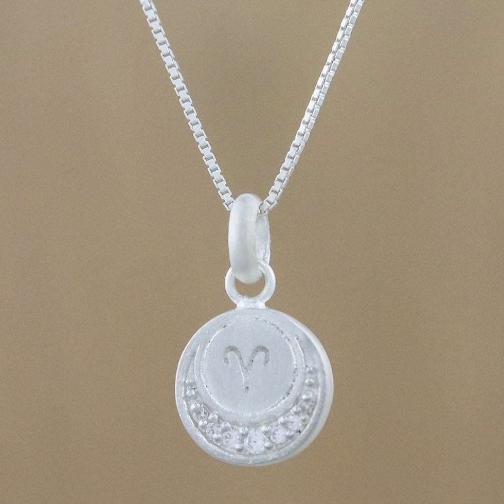 Sterling Silver Cubic Zirconia Aries Necklace from Thailand 'Zodiac Charm Aries'