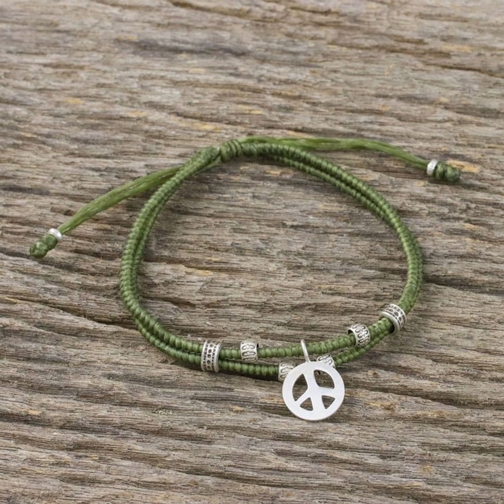Olive Colored Cord Beaded Bracelet with Silver Peace Charm 'Lucky Peace'
