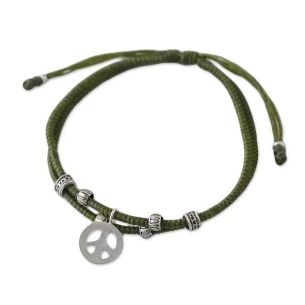 Alternate image for Olive Colored Cord Beaded Bracelet with Silver Peace Charm Lucky Peace