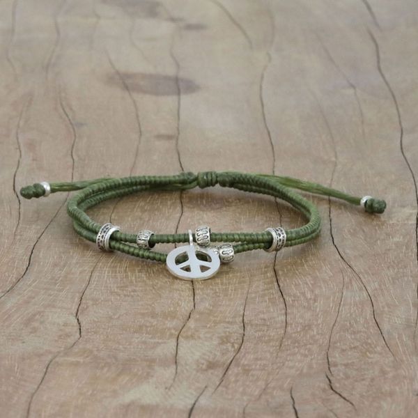 Alternate image for Olive Colored Cord Beaded Bracelet with Silver Peace Charm Lucky Peace