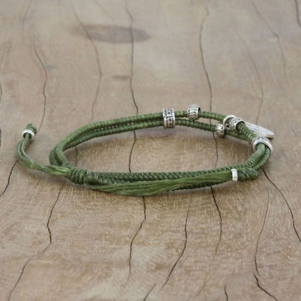 Alternate image for Olive Colored Cord Beaded Bracelet with Silver Peace Charm Lucky Peace