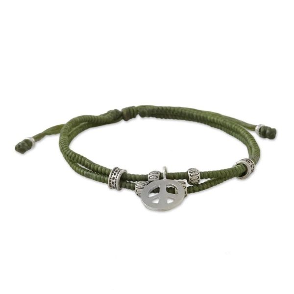 Alternate image for Olive Colored Cord Beaded Bracelet with Silver Peace Charm Lucky Peace