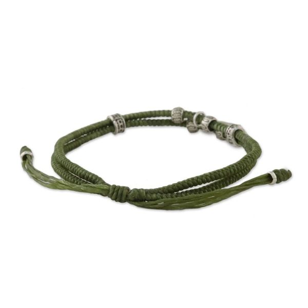 Alternate image for Olive Colored Cord Beaded Bracelet with Silver Peace Charm Lucky Peace