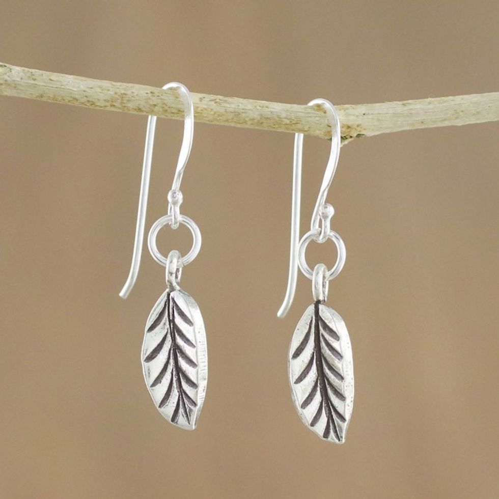 Sterling Silver Leaf Dangle Earrings from Thailand 'Nature's Path'