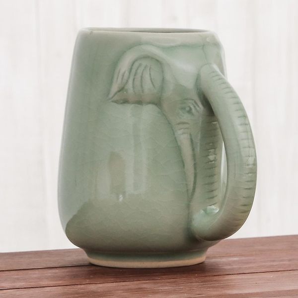 Alternate image for Ceramic Celadon Elephant Mug in Green from Thailand Morning Elephant in Green