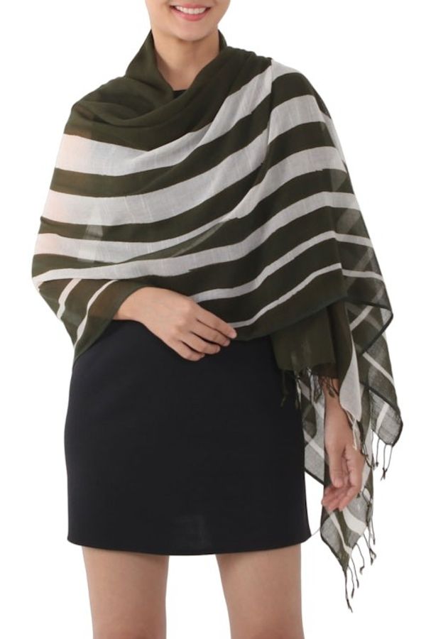 Alternate image for Handwoven Striped Cotton Shawl in Olive from Thailand Cool Stripes in Olive