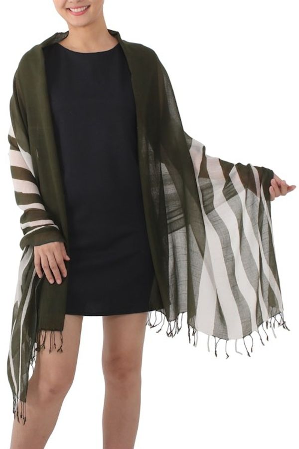 Alternate image for Handwoven Striped Cotton Shawl in Olive from Thailand Cool Stripes in Olive