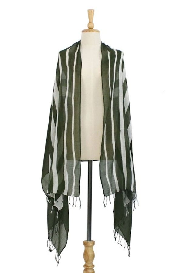 Alternate image for Handwoven Striped Cotton Shawl in Olive from Thailand Cool Stripes in Olive