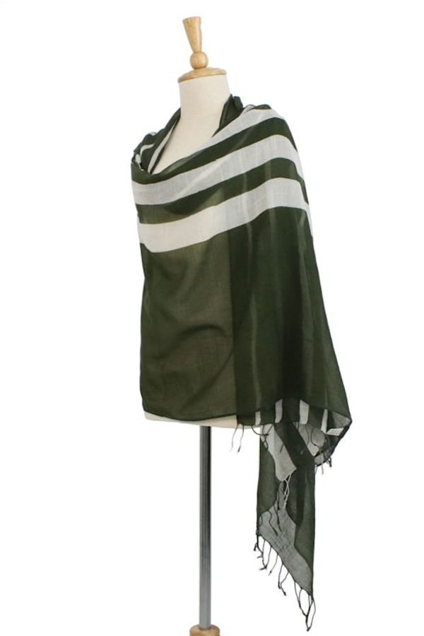 Alternate image for Handwoven Striped Cotton Shawl in Olive from Thailand Cool Stripes in Olive