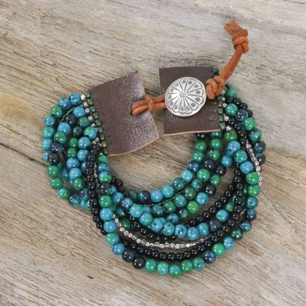 Serpentine and Onyx Beaded Wristband Bracelet from Thailand 'Exotic River'