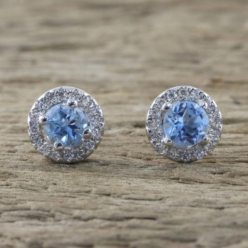 Blue Topaz and Cubic Zirconia Stud Earrings from Thailand 'Glamour and Grace'