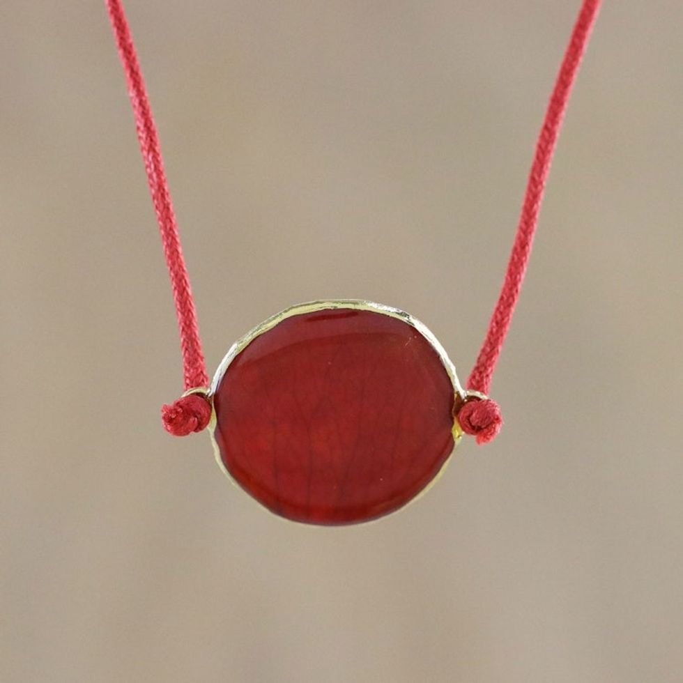Thai Gold Accented Natural Rose Petal Pendant Necklace 'Scarlet Delight'